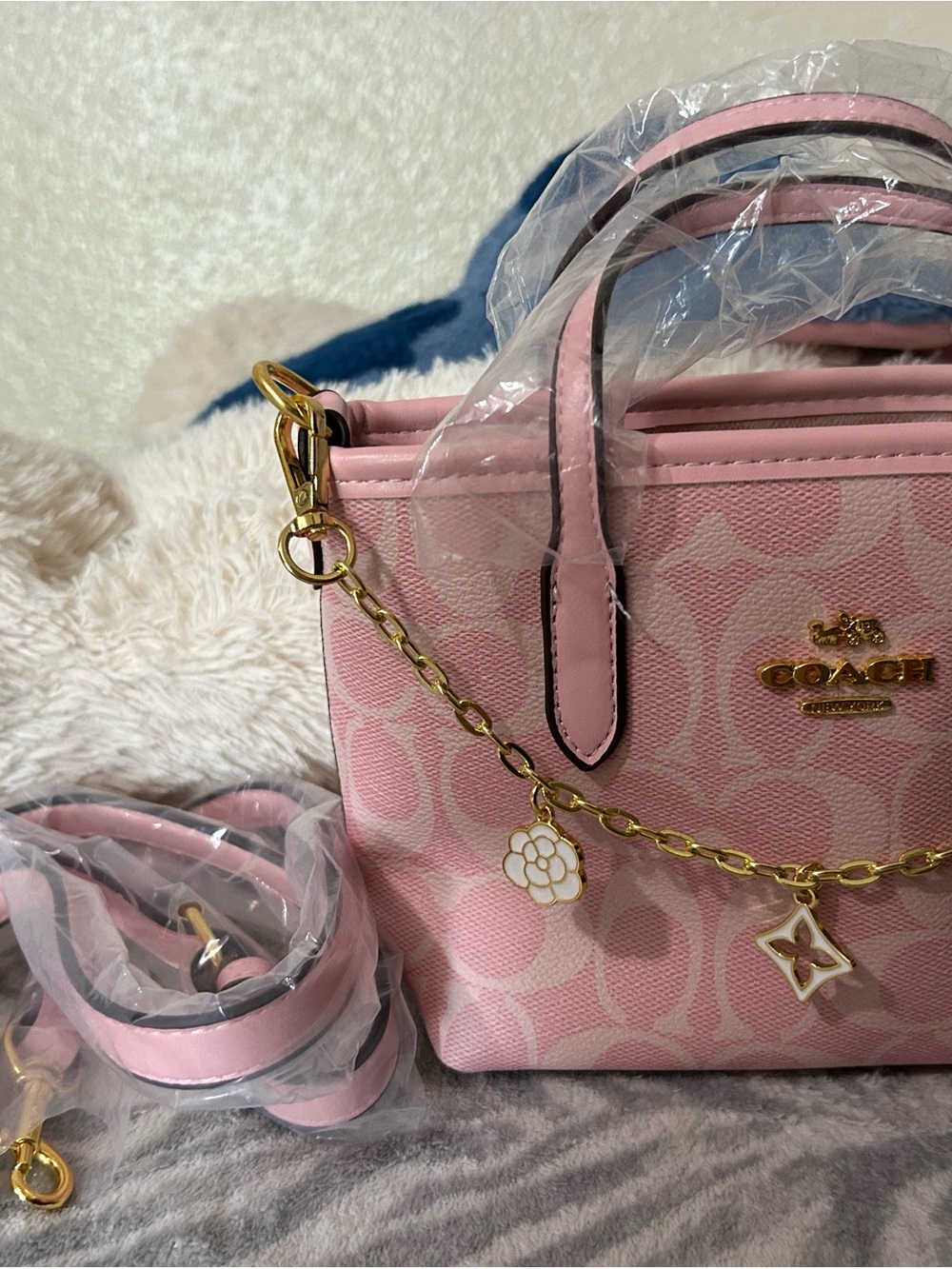 Coach Pink Signature Mini Tote with Gold Chain Charms